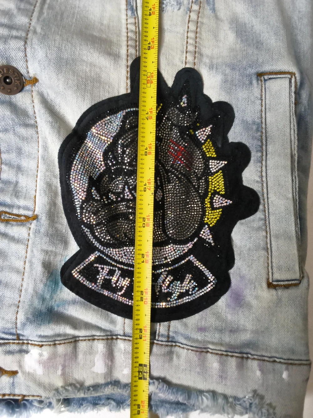Embellished Light Blue Denim Patch Bomber Jacket